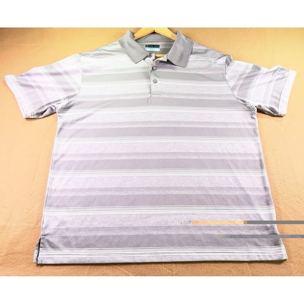 PGA Tour Airflux Mens XL Polo Shirt Grey White Stripe Short Sleeve Golf Top